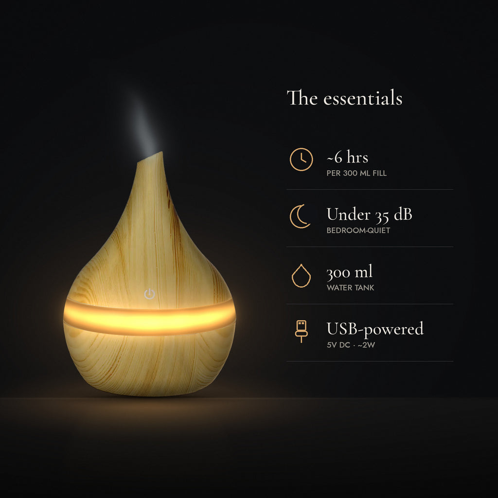 LUMUNO diffuser in Birch with key specs: about 6 hours per fill, under 35dB, 300ml tank, USB-powered