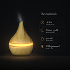 LUMUNO diffuser in Birch with key specs: about 6 hours per fill, under 35dB, 300ml tank, USB-powered