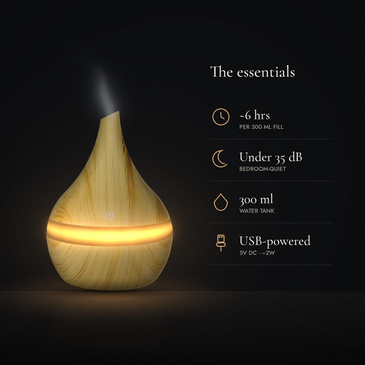 LUMUNO diffuser in Birch with key specs: about 6 hours per fill, under 35dB, 300ml tank, USB-powered