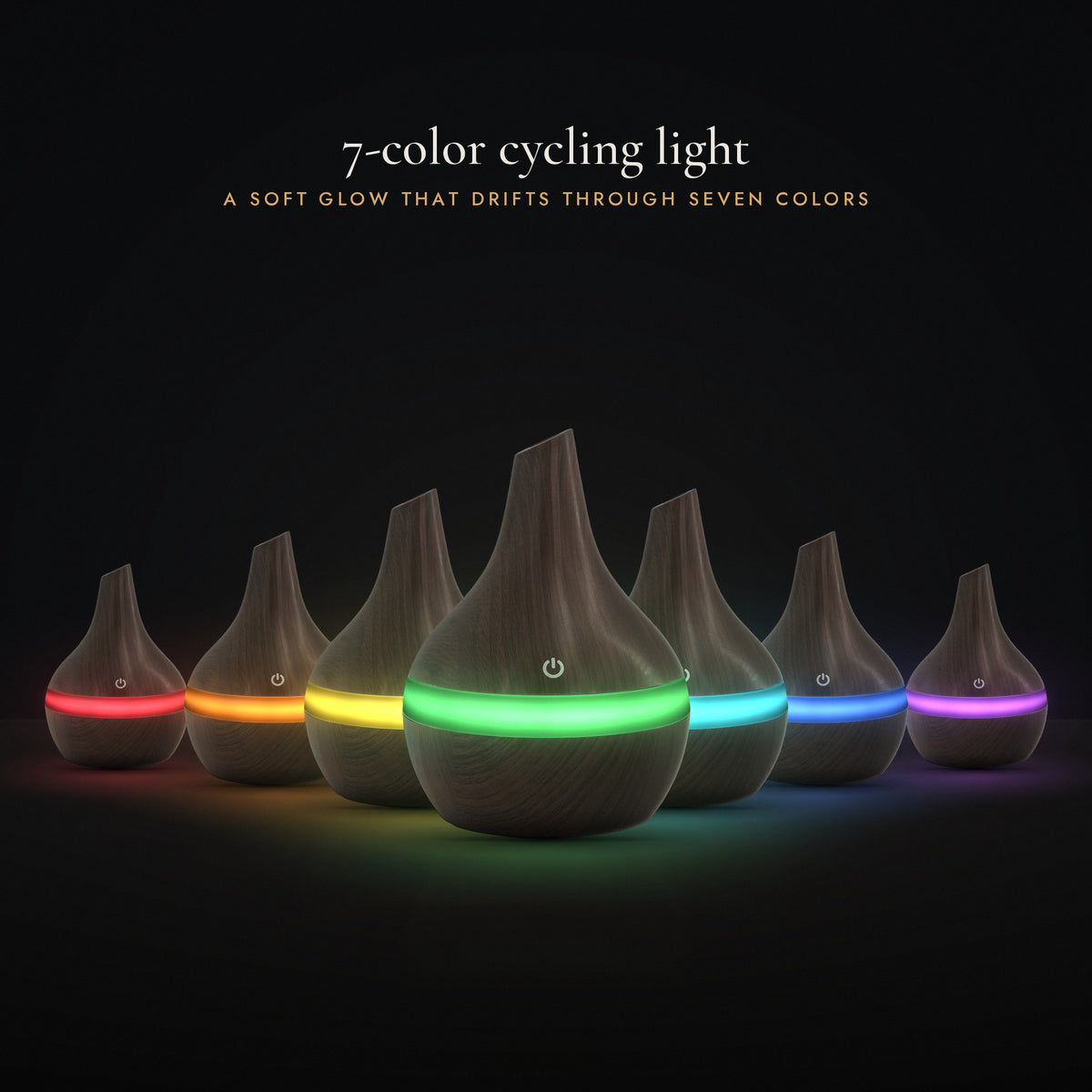 LUMUNO diffuser in Walnut shown in its 7-color cycling light
