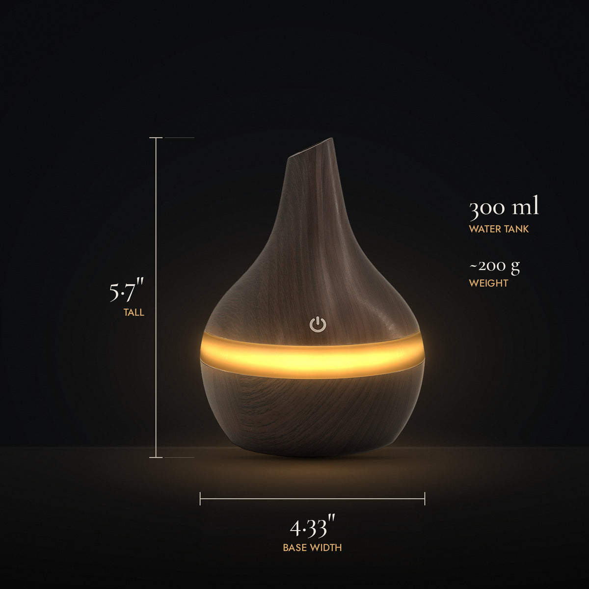 LUMUNO diffuser in Walnut with dimensions: 5.7 inches tall, 4.33 inch base width, 300ml water tank