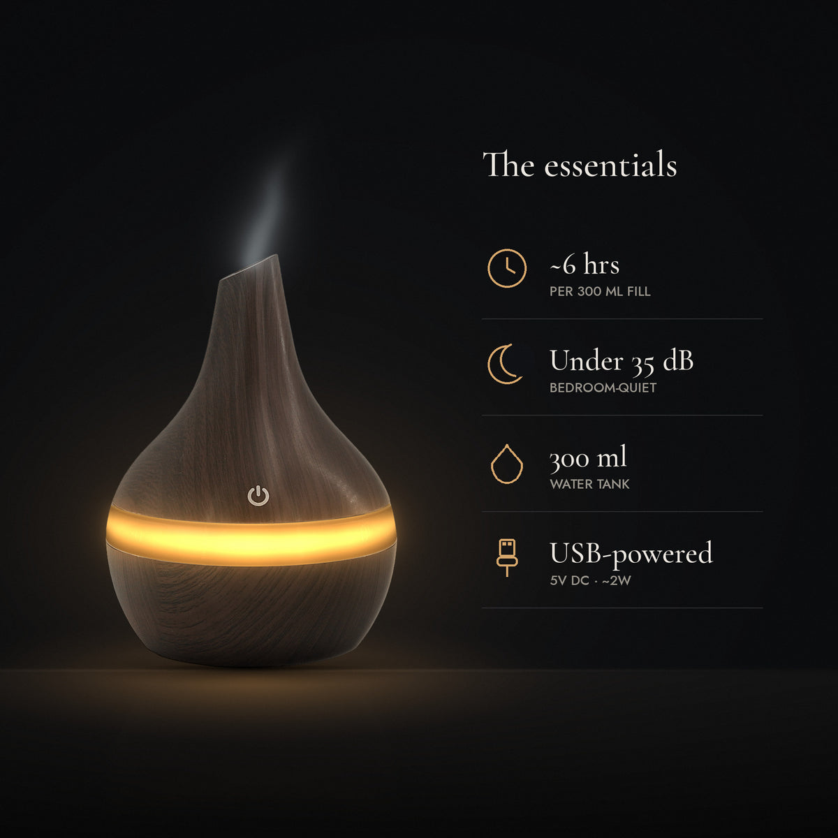 LUMUNO diffuser in Walnut with key specs: about 6 hours per fill, under 35dB, 300ml tank, USB-powered